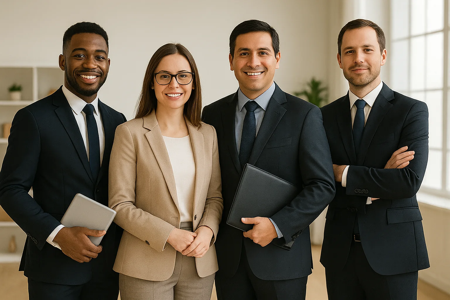A group of four professionals in business attire, posing confidently in an office setting.