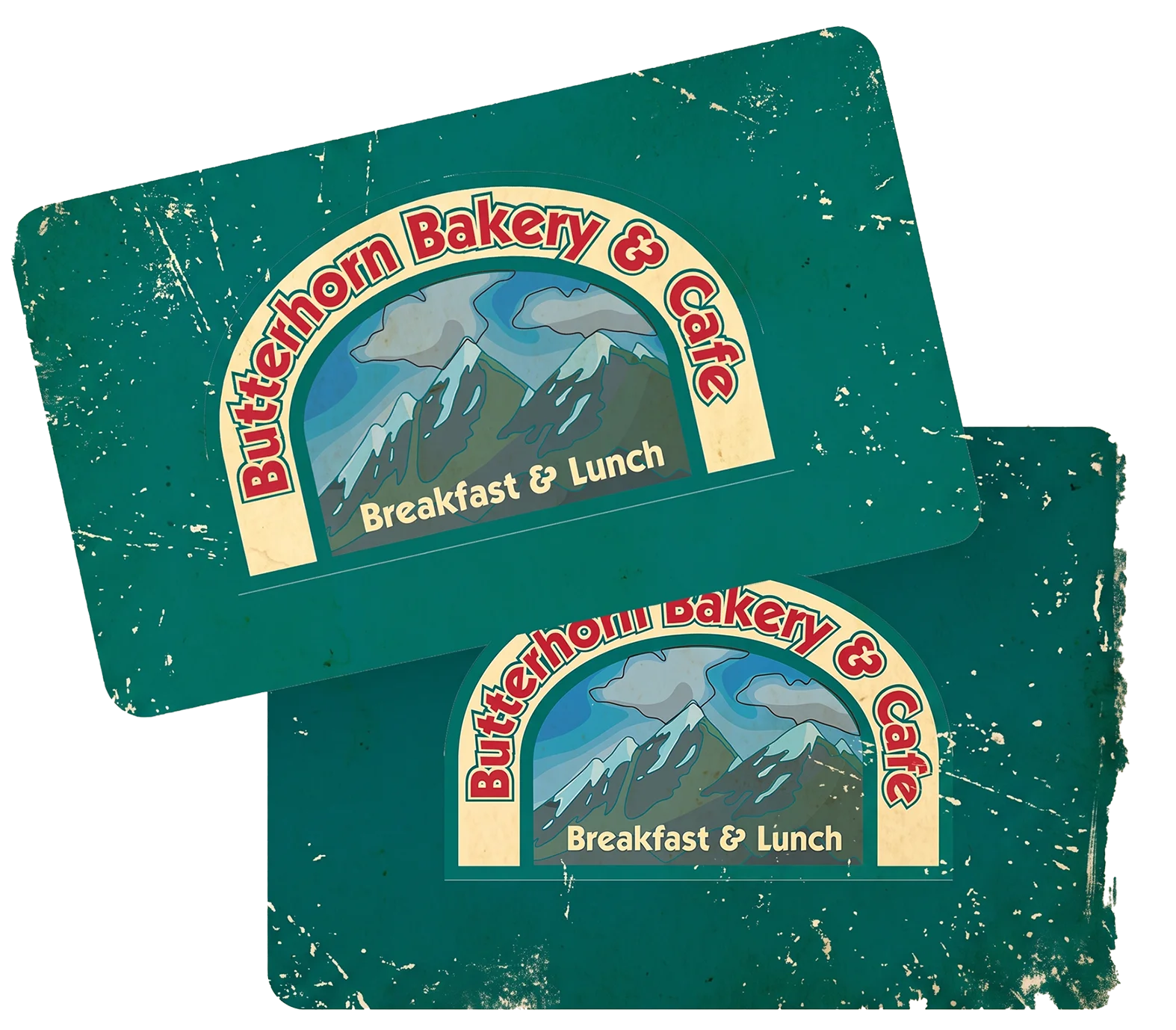 Gift cards for Butterhorn Bakery & Cafe featuring mountain design