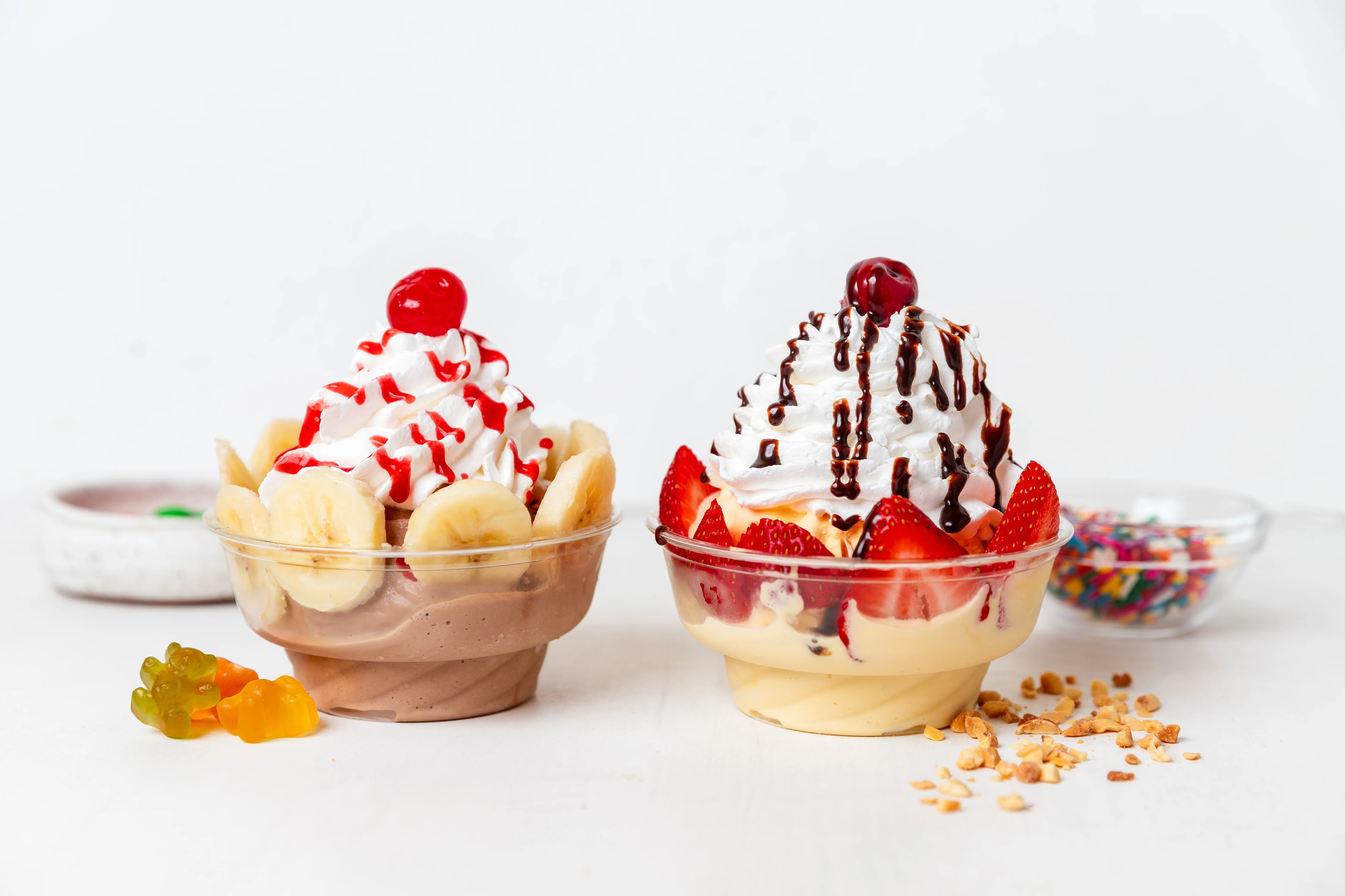 Delicious ice cream sundaes with fruit toppings