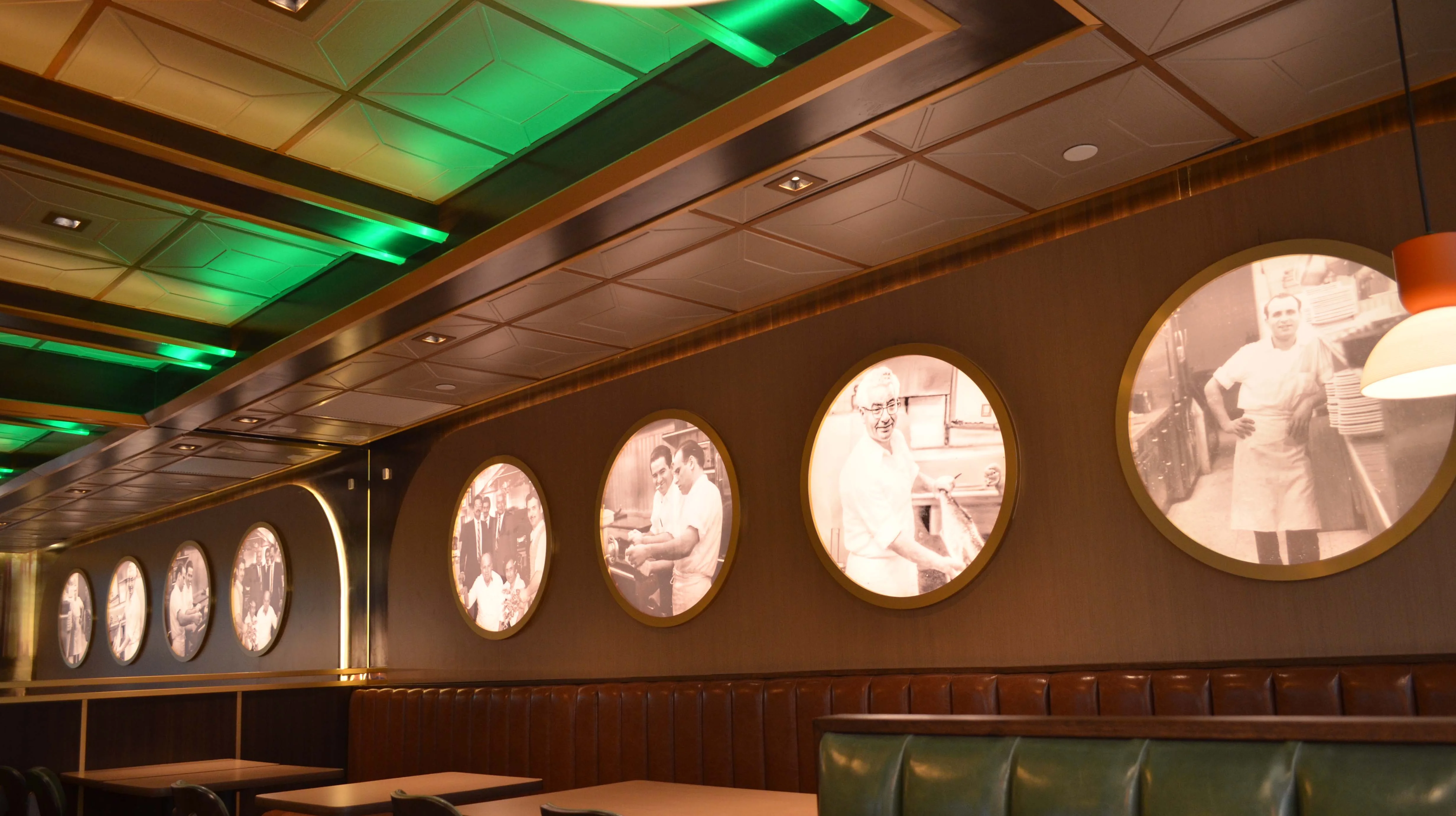 Cozy restaurant interior with historical photos on the wall