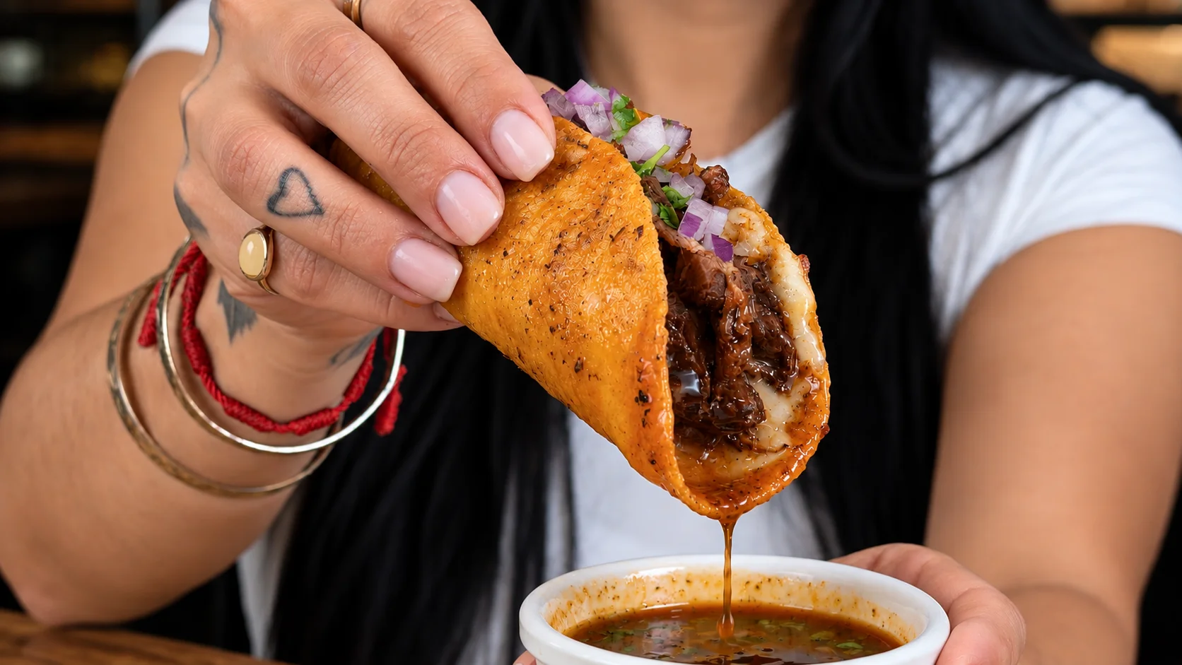 Delicious Mexican taco with beef and toppings dipped in sauce
