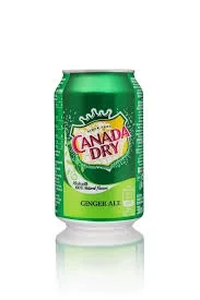 A green can of Canada Dry ginger ale. The can includes a bright label with the product name and is designed to be refreshing.