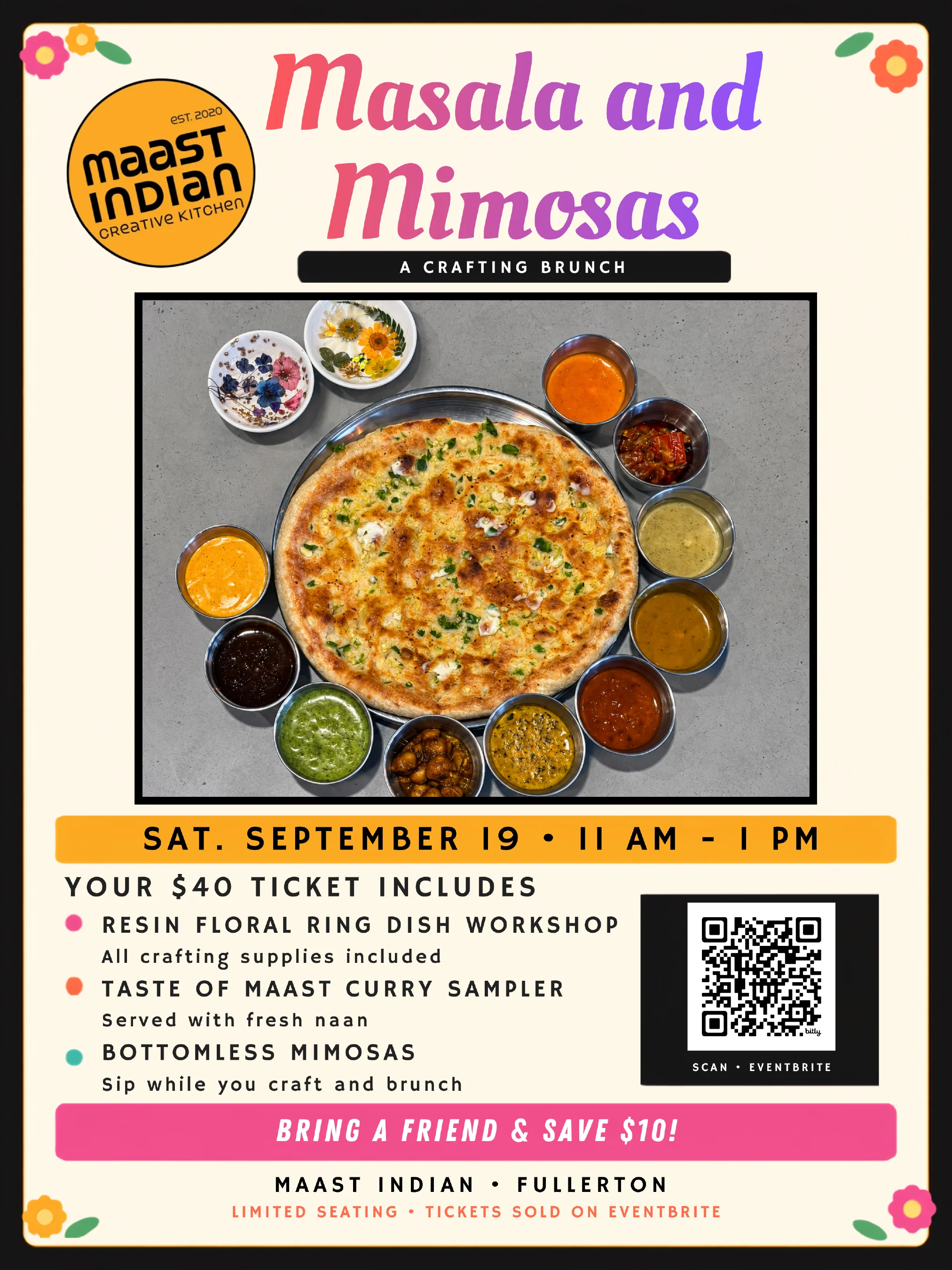 Indian curry sampler with naan and vibrant sauces at a crafting brunch event