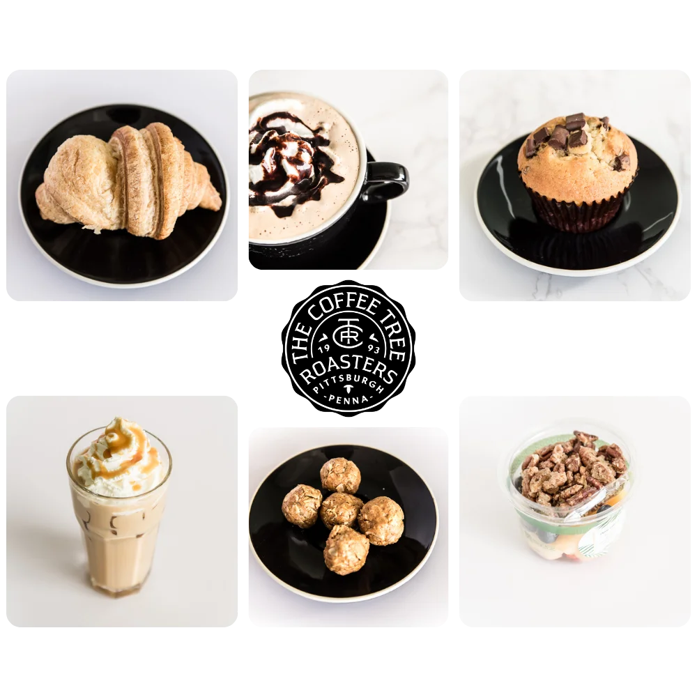 Collage of six food items on black plates: croissant, chocolate-drizzled cup, chocolate chip muffin, caramel-topped drink, energy bites, yogurt parfait.
