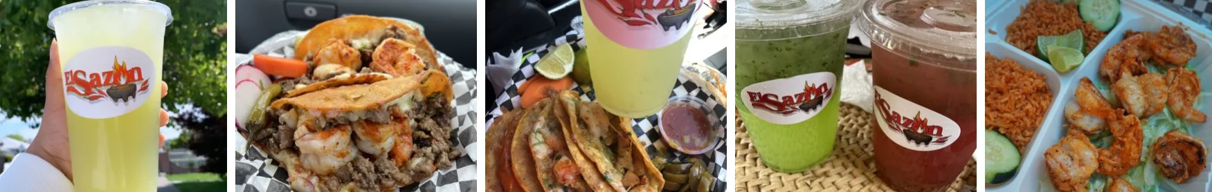 Colorful Mexican tacos with shrimp and beef served with drinks