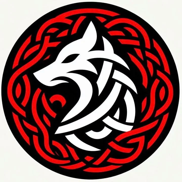 Celtic wolf design in red and black circular pattern