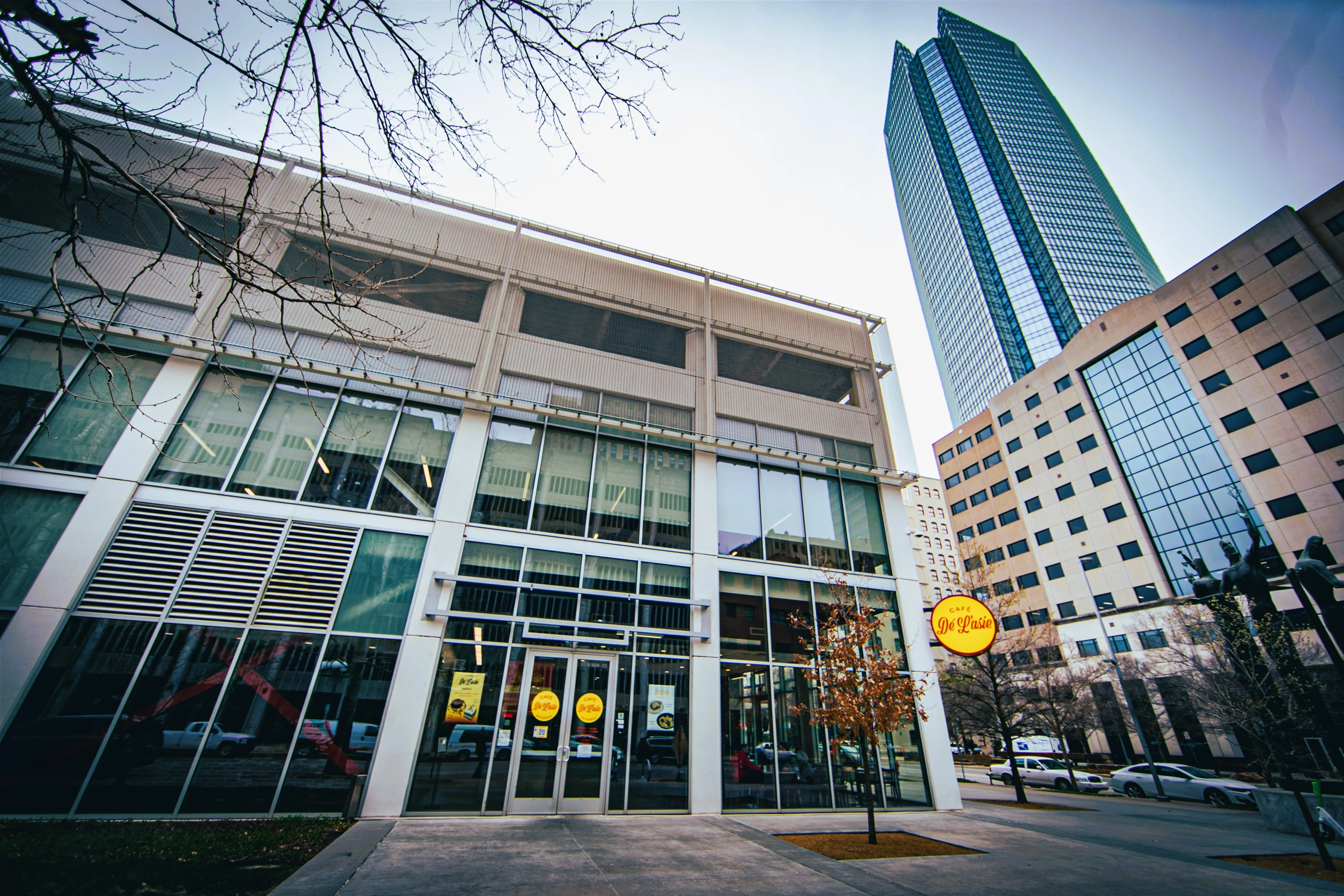 Outside of restaurant with Devon Tower in the background.