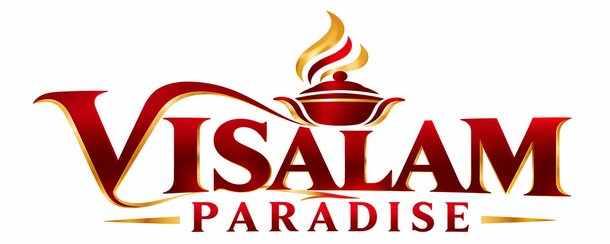 A logo featuring the text 'VISALAM PARADISE' in a bold, stylized font with decorative elements. The design incorporates red and gold colors with a flame motif above a pot emblem.