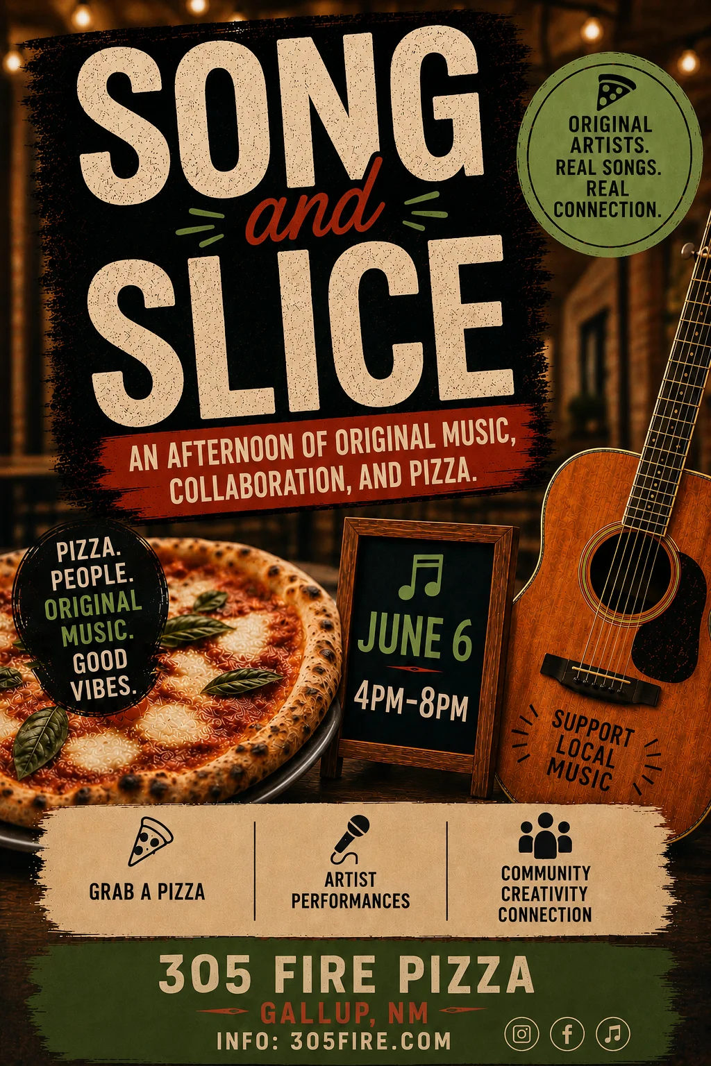 Promotional poster for Song and Slice event at 305 Fire Pizza