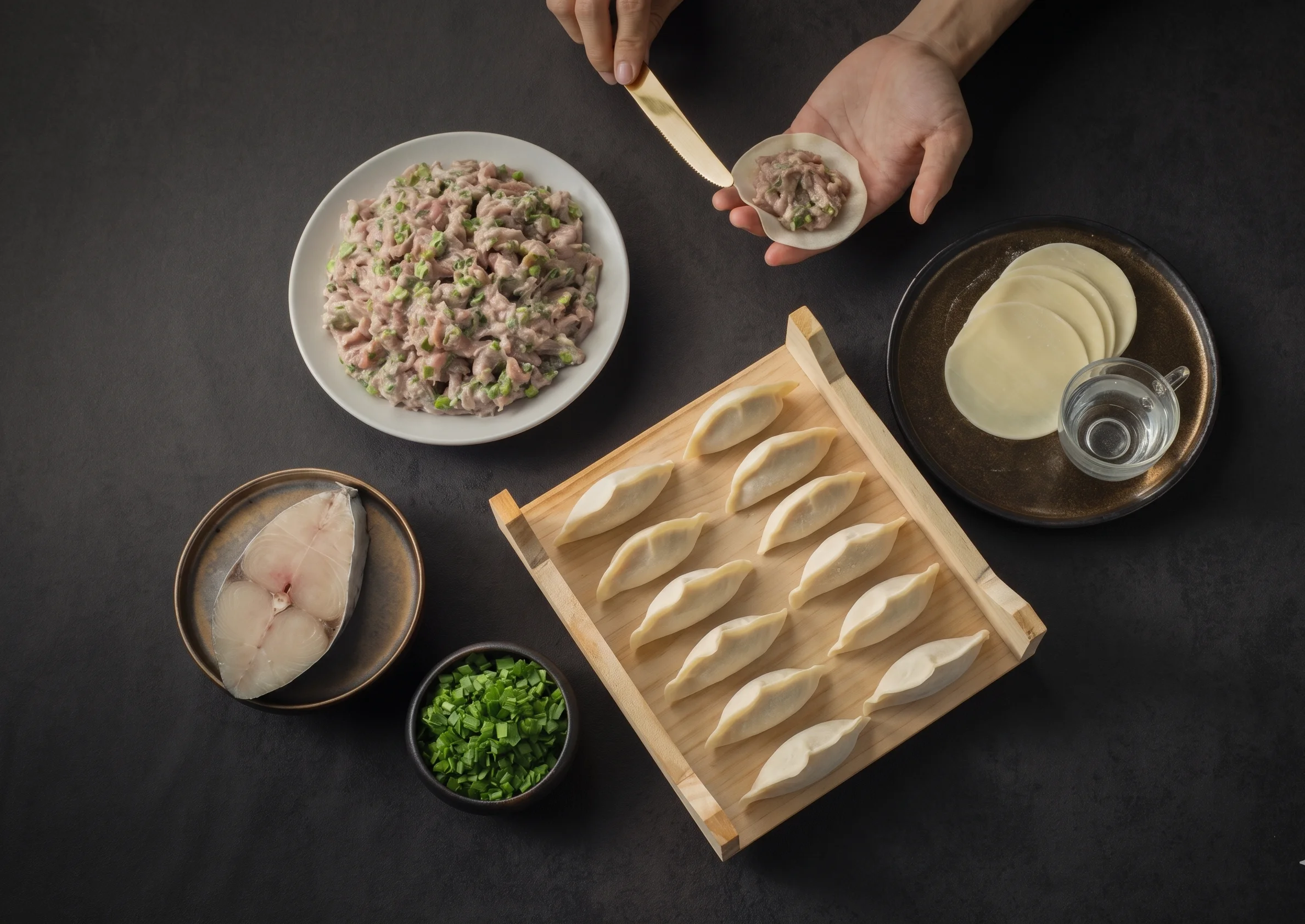 Preparing dumplings with fish filling and green onions on a dark surface.