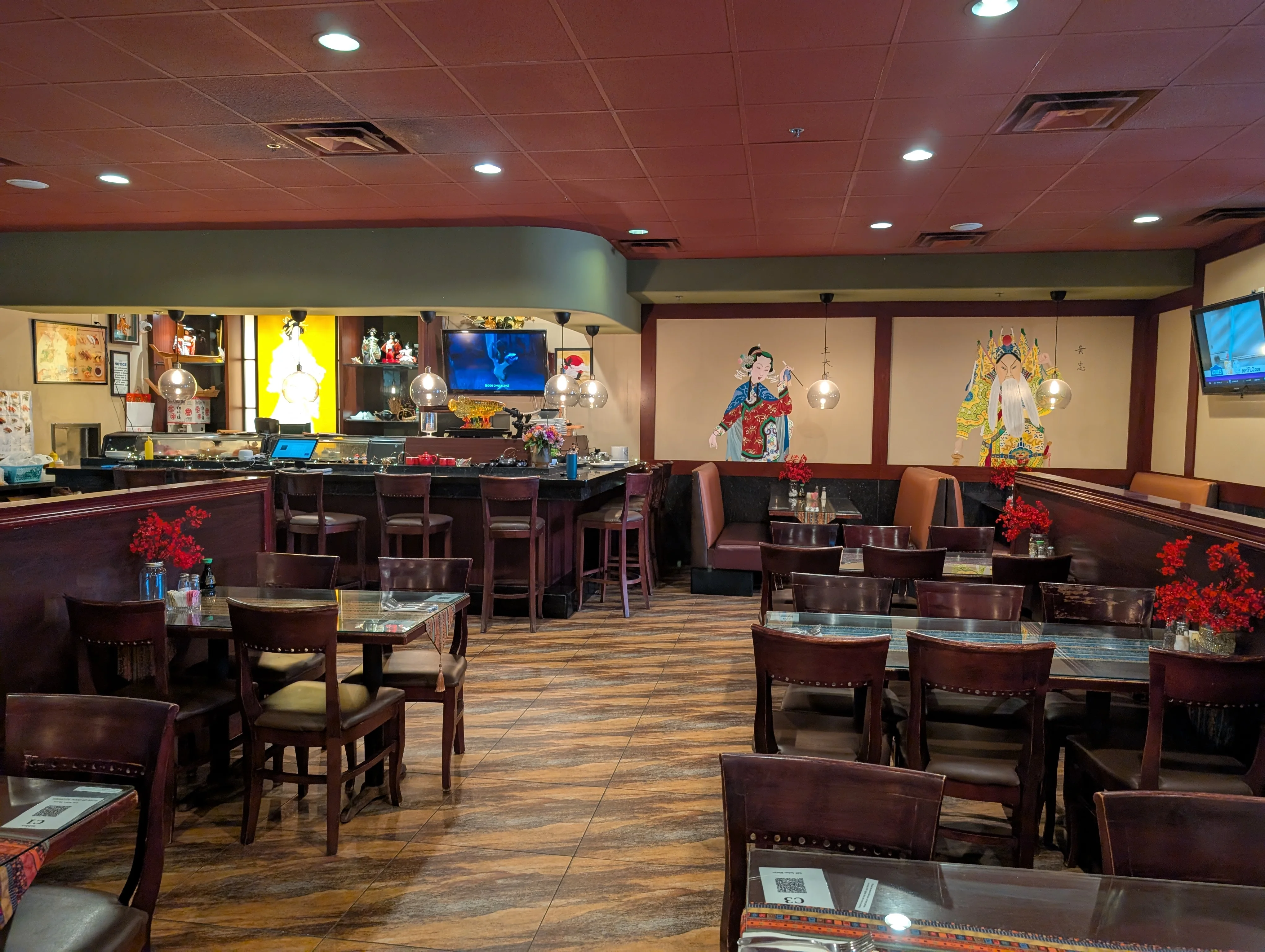 Cozy Asian restaurant interior with elegant decor and seating