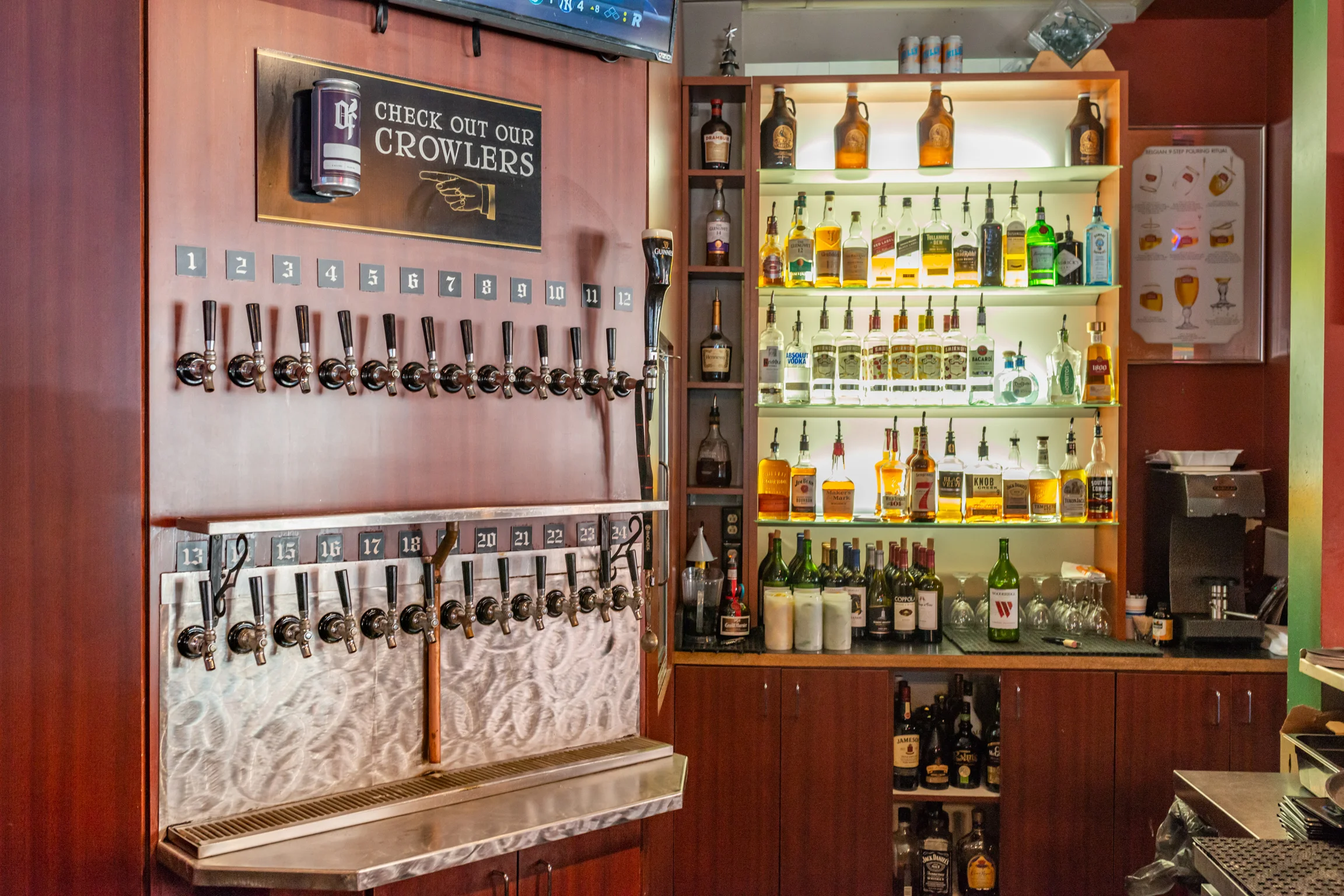 Modern bar with craft beer taps and liquor shelves