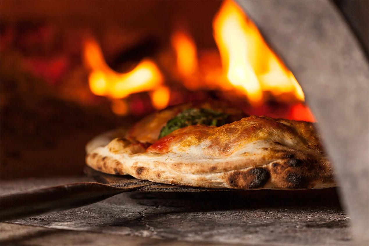 Margherita pizza fresh from a wood-fired oven