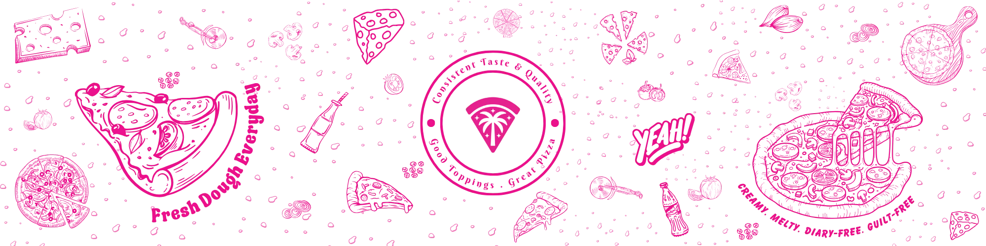 Colorful pizza illustration with various toppings and playful elements