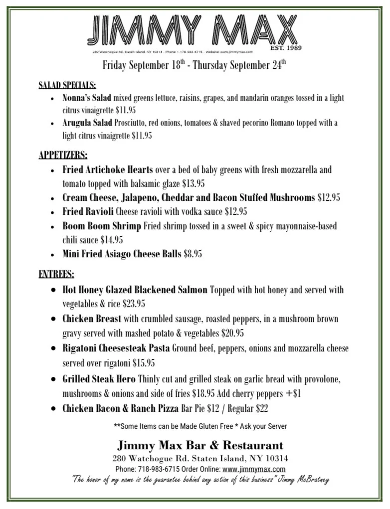 Jimmy Max Weekly Menu Specials