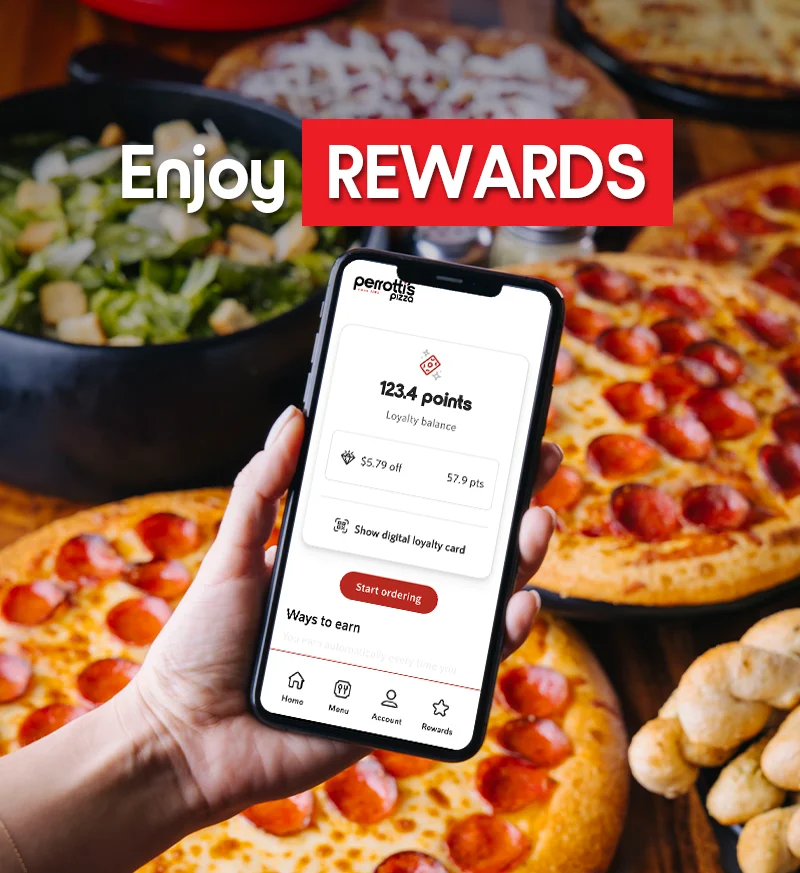 Loyalty rewards app for pizza restaurant with pepperoni pizzas in background