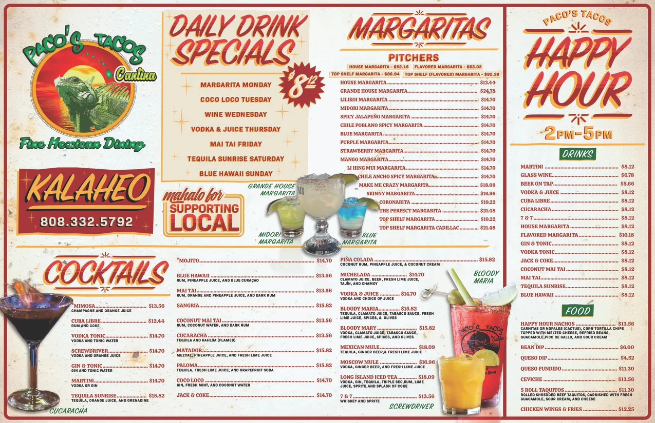 Colorful drink menu featuring margaritas and cocktails