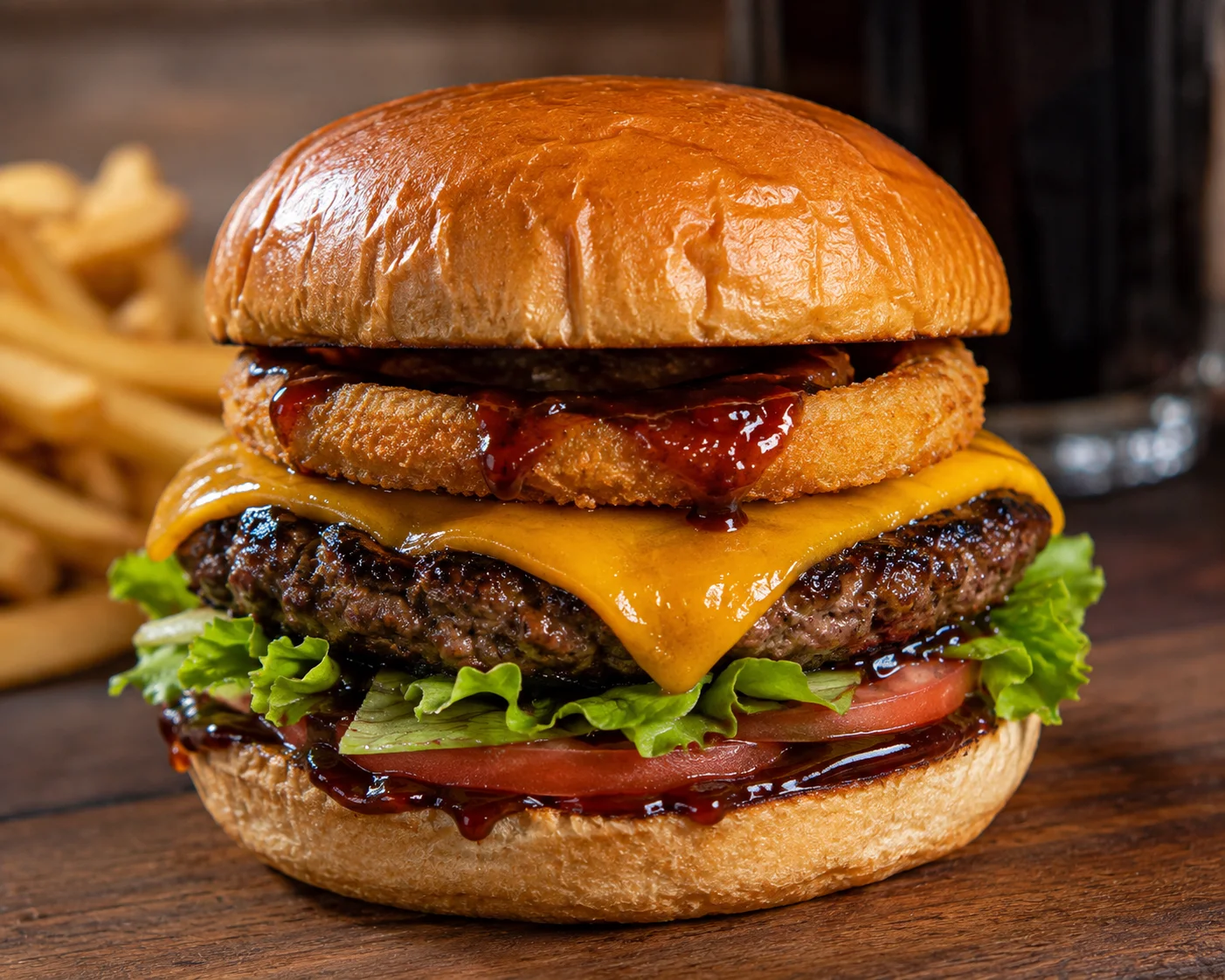 Juicy cheeseburger with onion rings and barbecue sauce