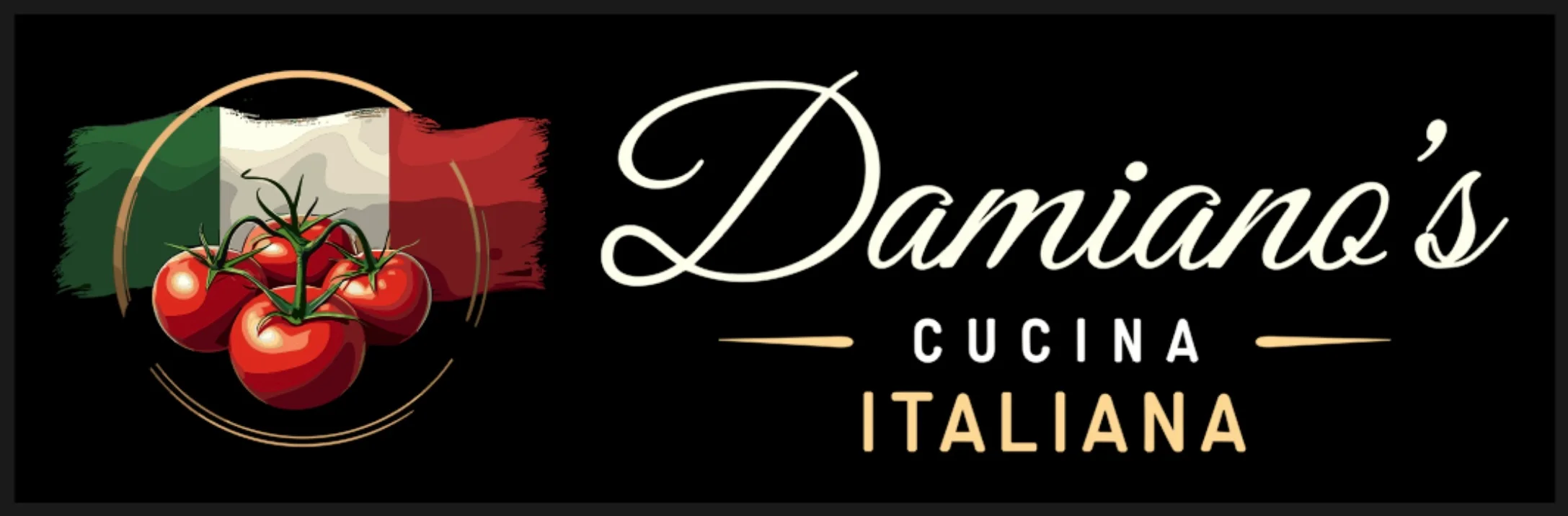 Logo of Damiano's Cucina Italiana featuring tomatoes and Italian flag