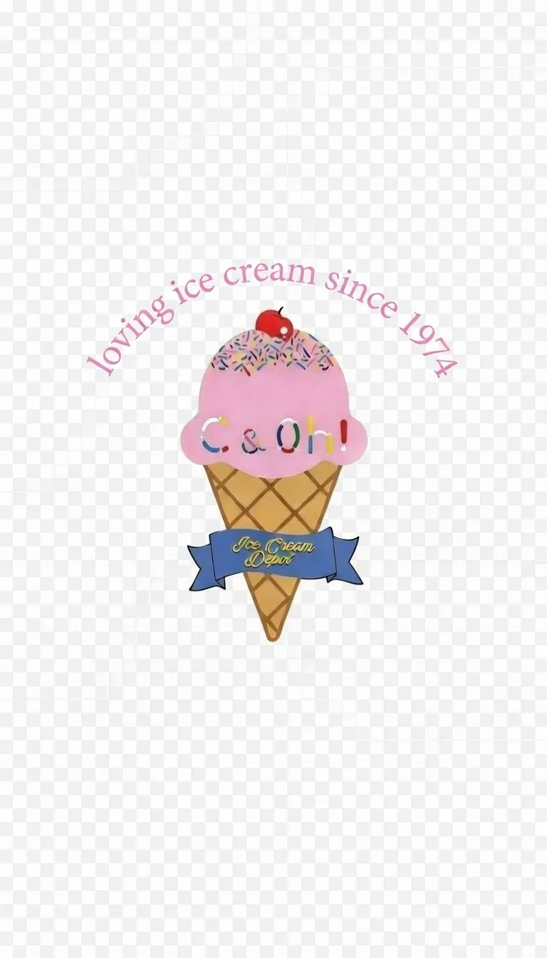 A colorful illustration of an ice cream cone with a pink scoop, topped with sprinkles and a cherry. The design includes a banner that reads 'Ice Cream Delights' and the phrase 'loving ice cream since 1974'.
