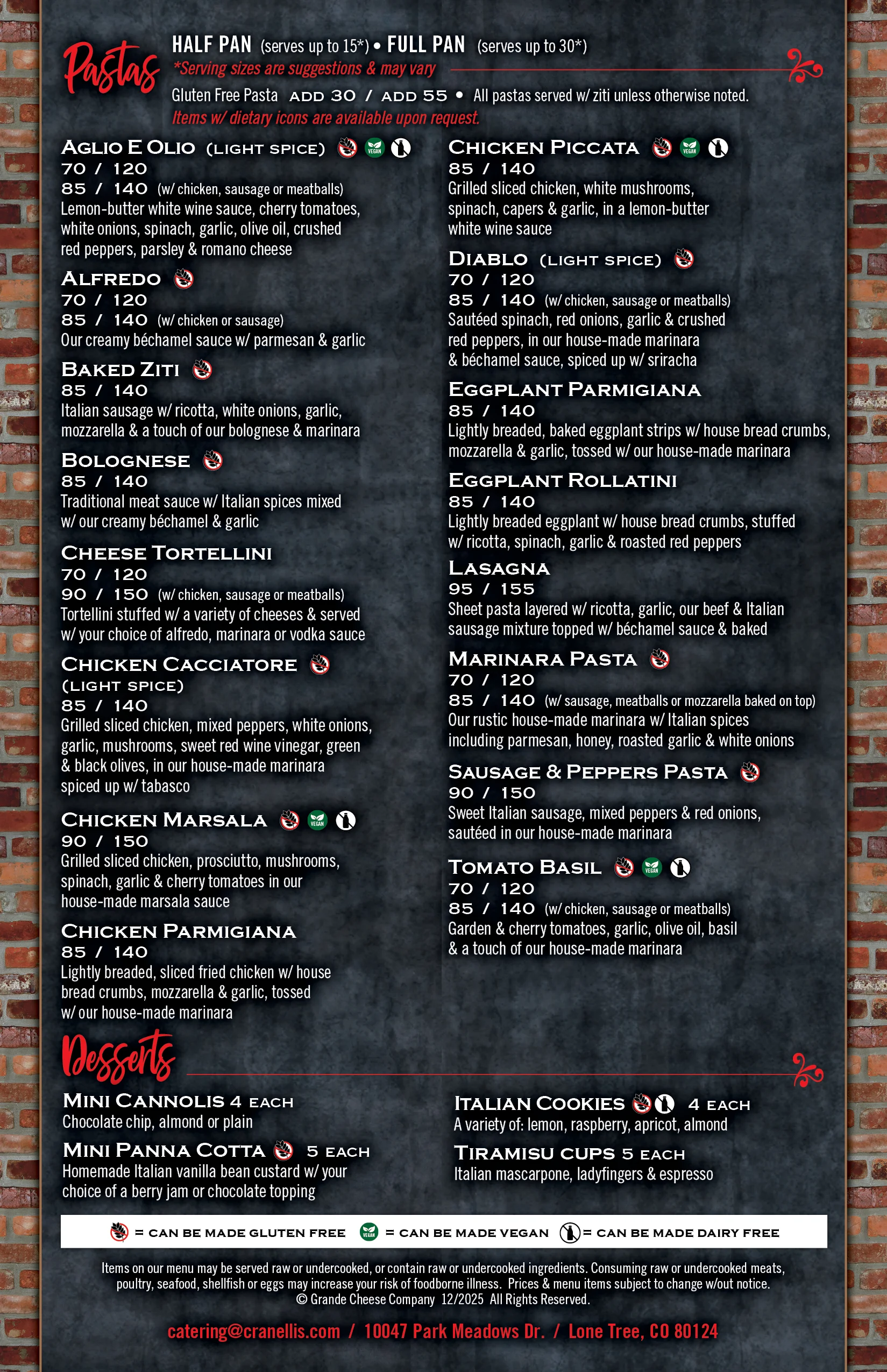 Italian pasta catering menu with various dishes