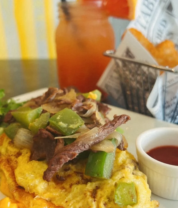 Savory Mexican steak omelette with peppers and onions