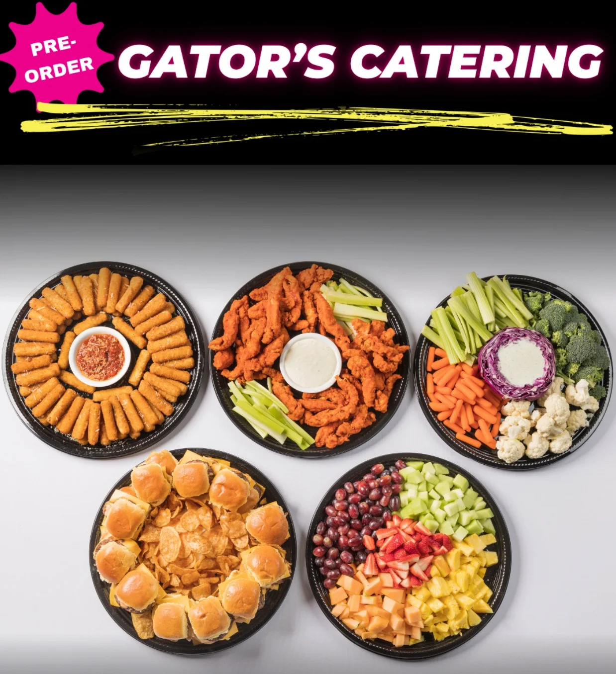 Five trays of food with words "Gator's Catering"