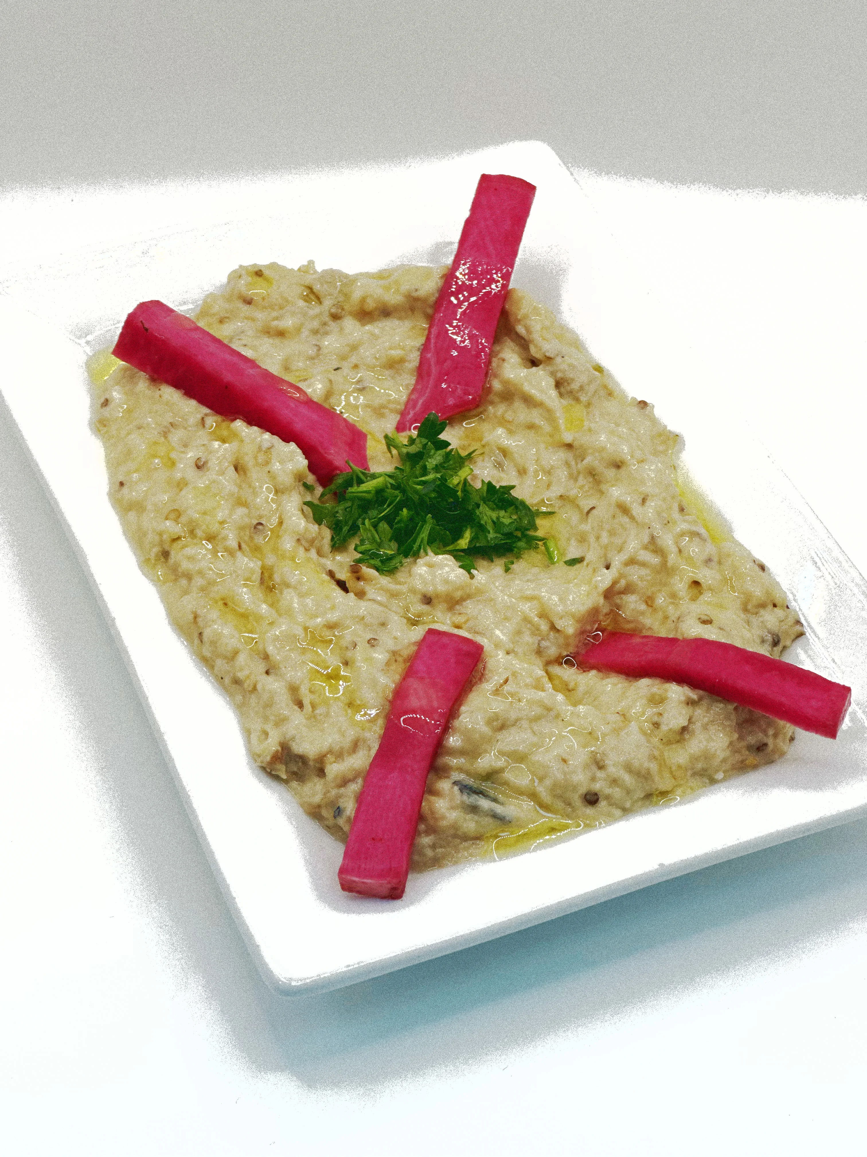 Byblos Baba Ghanoush charbroiled eggplant dip with house made pickled turnips