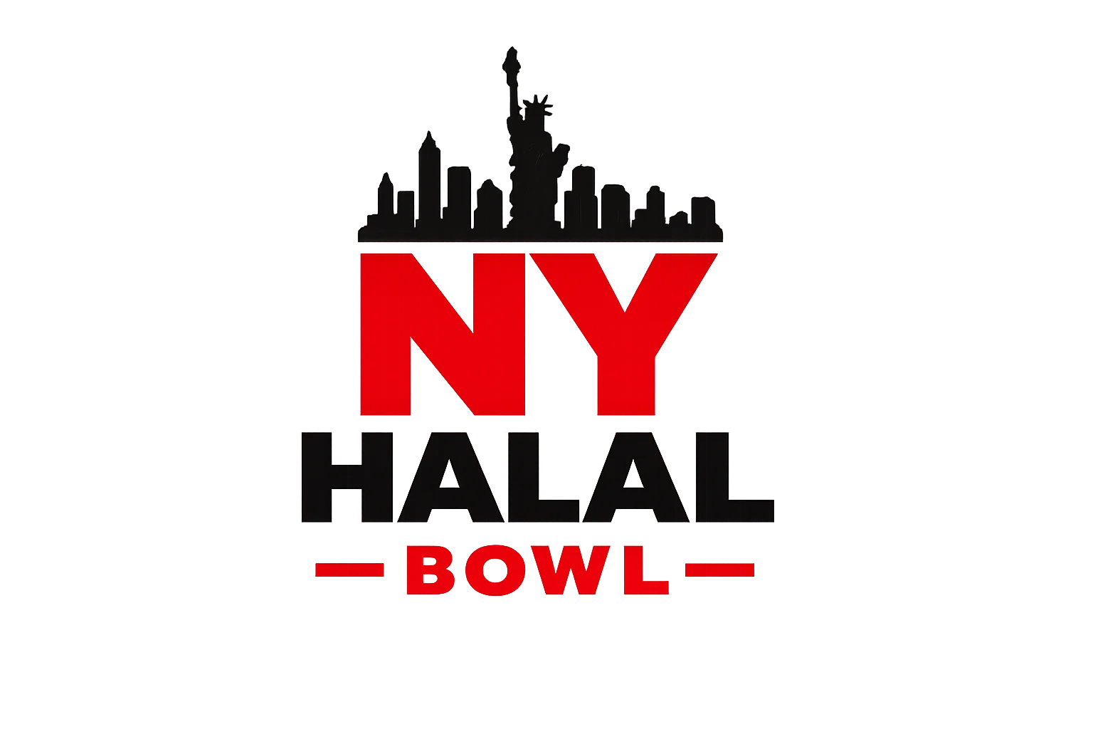 A stylized logo featuring the words 'NY HALAL BOWL' in bold letters, with a silhouette of a city skyline.