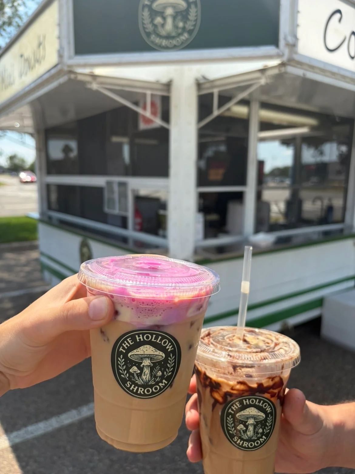 Colorful iced coffee drinks from a food truck