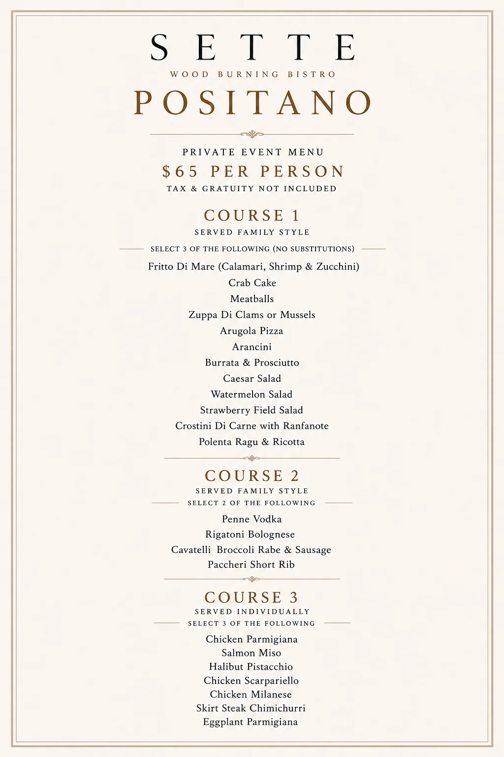 Private event menu featuring a variety of gourmet dishes.