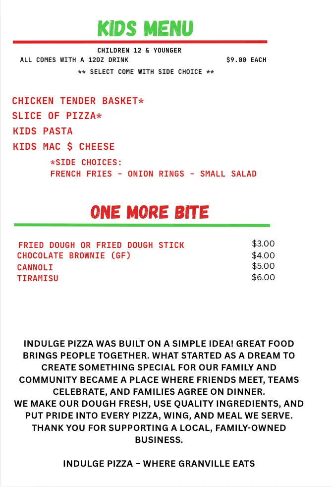 Kids menu featuring pizza and pasta options for children
