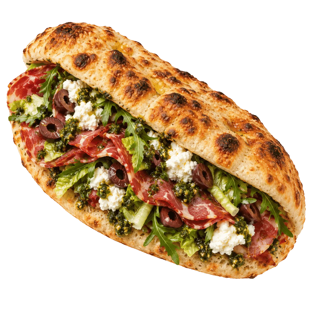 Italian panino with prosciutto, burrata, pesto, and tomatoes