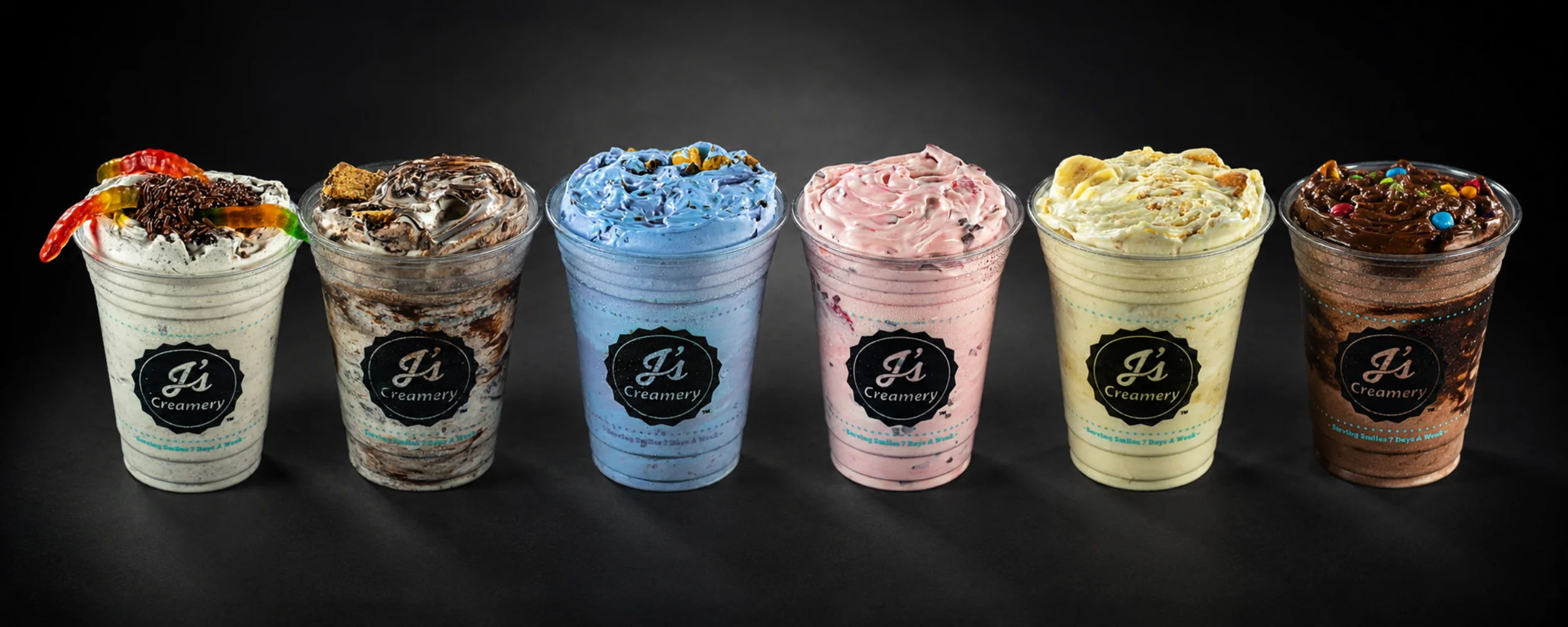 Colorful milkshakes from J's Creamery in clear cups