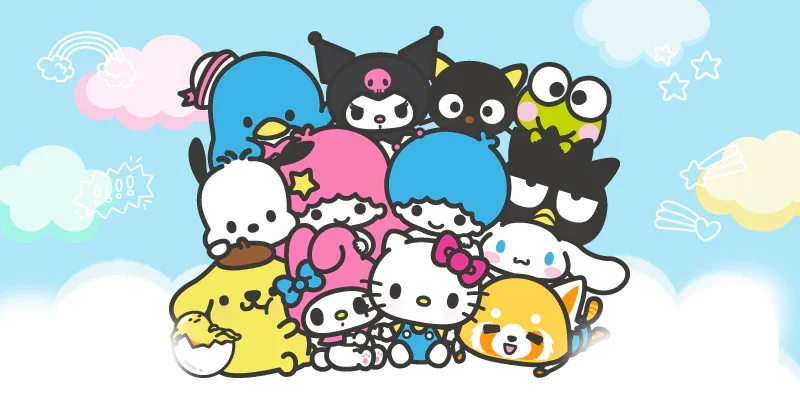 Colorful Sanrio characters in a cheerful group
