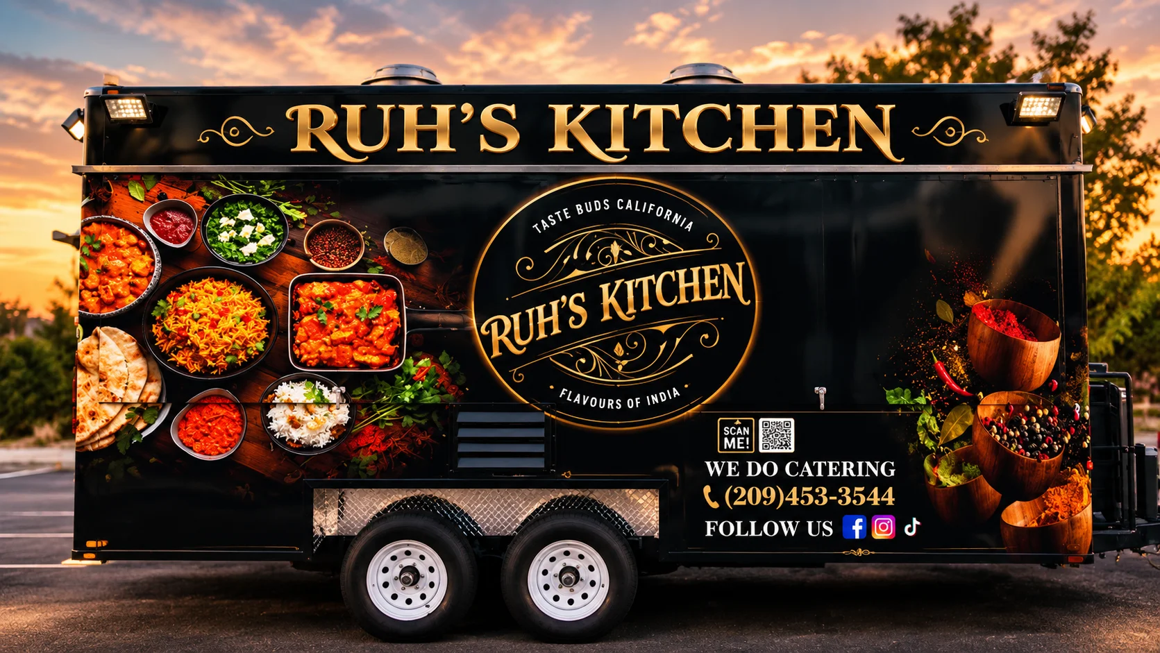 Indian food truck with colorful curry dishes and ornate restaurant signage