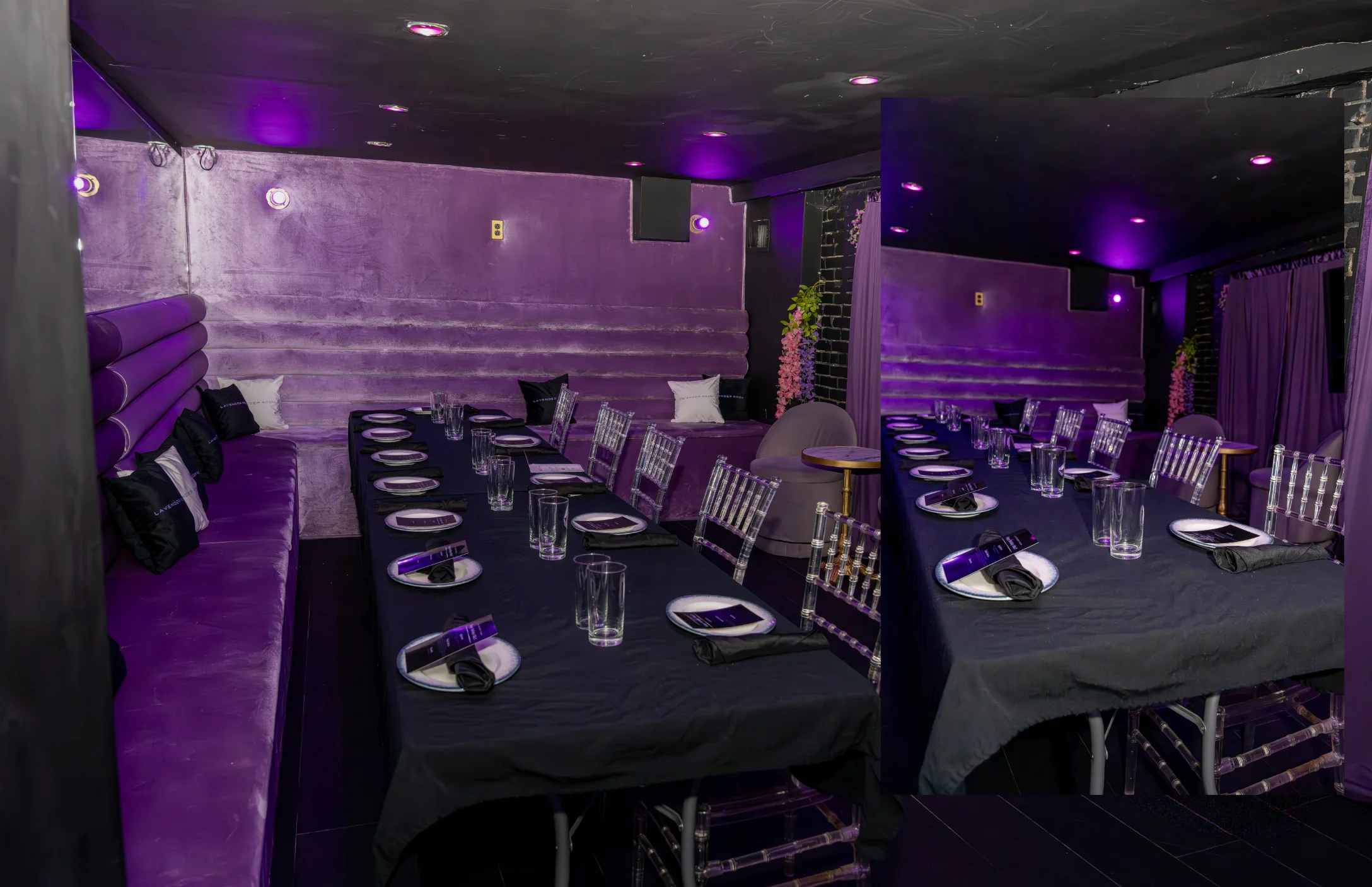Stylish restaurant interior with purple decor and elegant seating