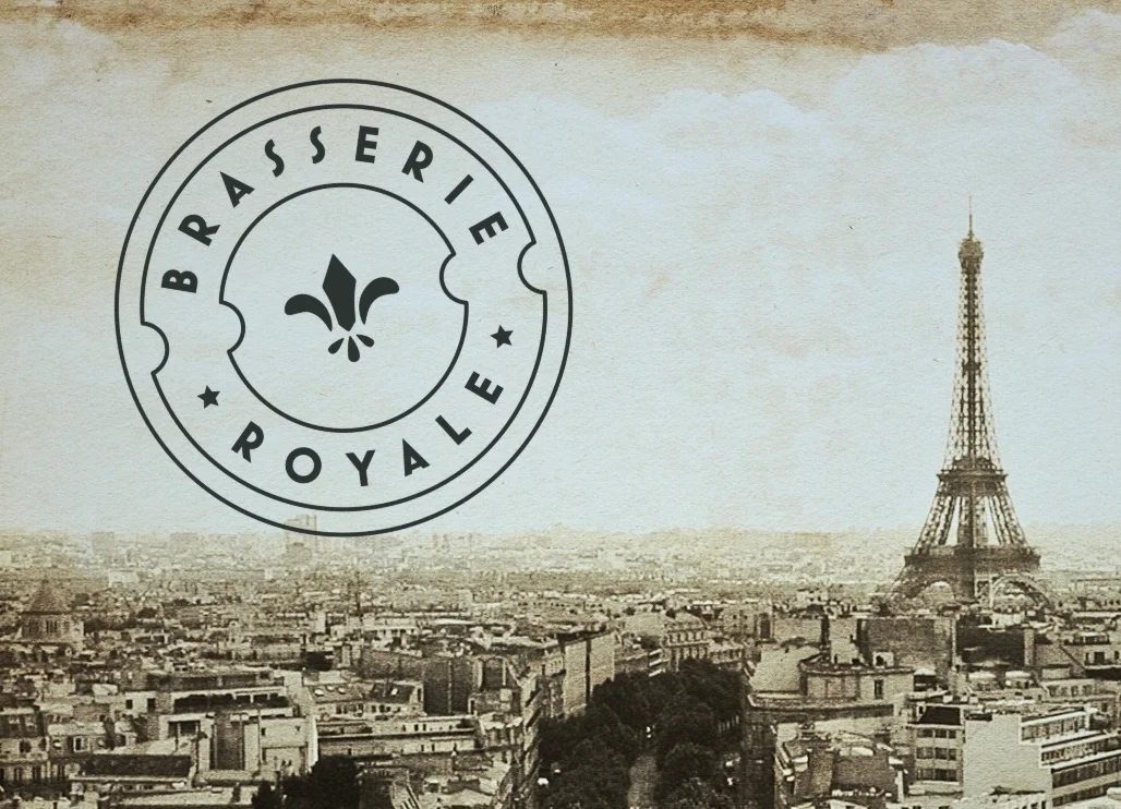 Vintage Parisian skyline with Brasserie Royale logo
