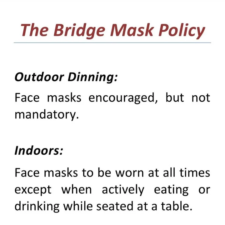 A document outlining mask policies for outdoor and indoor dining, with specific guidelines on mask usage.