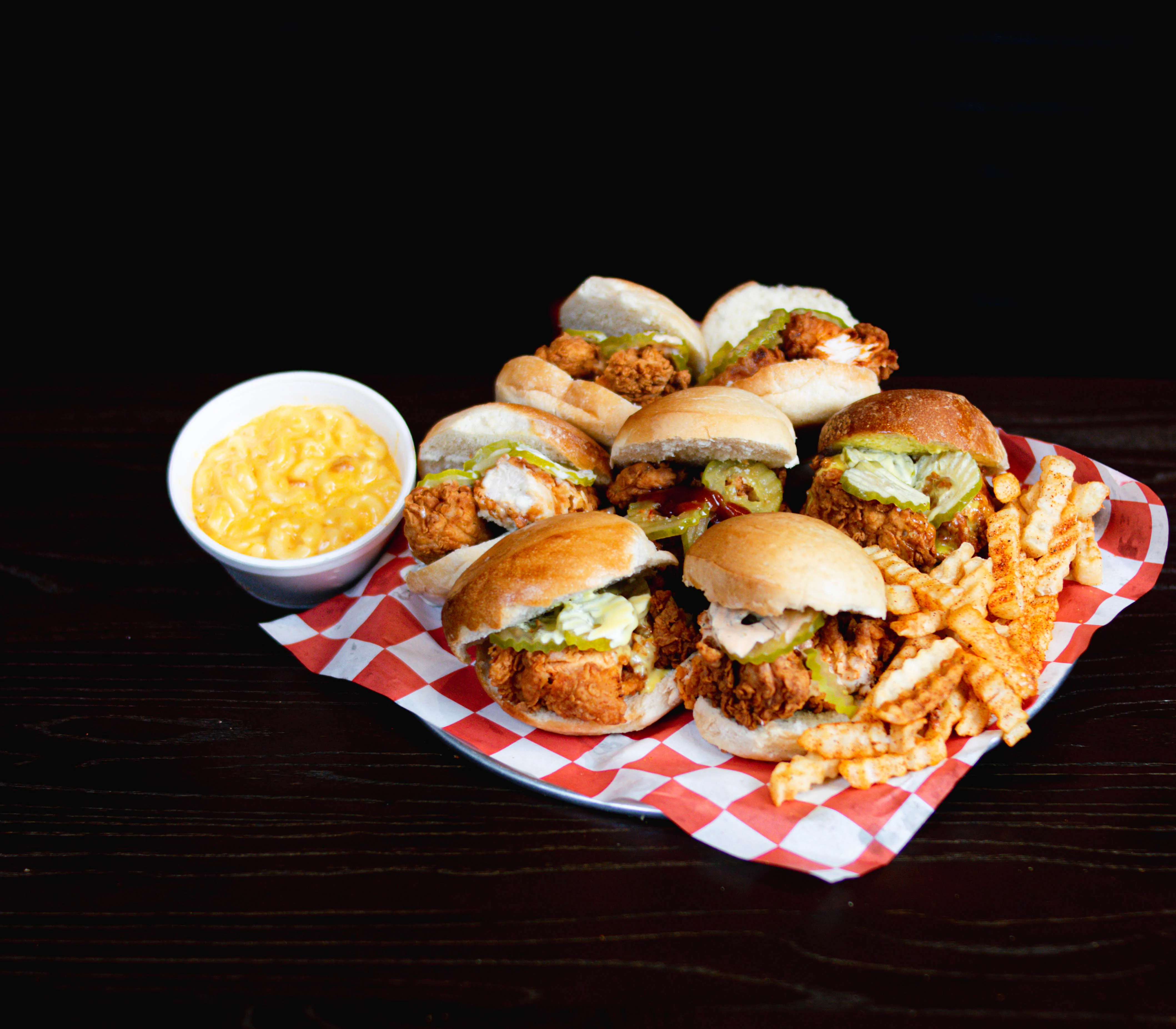 Southern fried chicken sliders with fries and mac and cheese