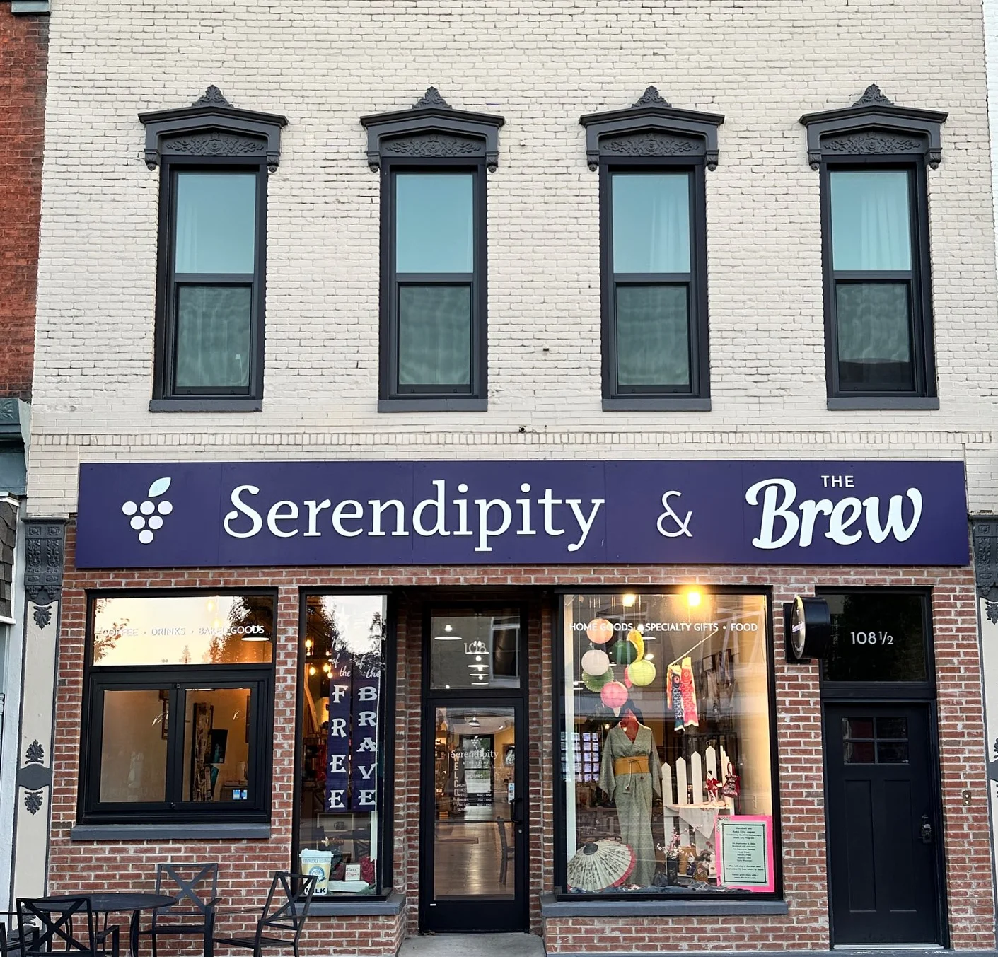 Charming storefront of Serendipity & The Brew café
