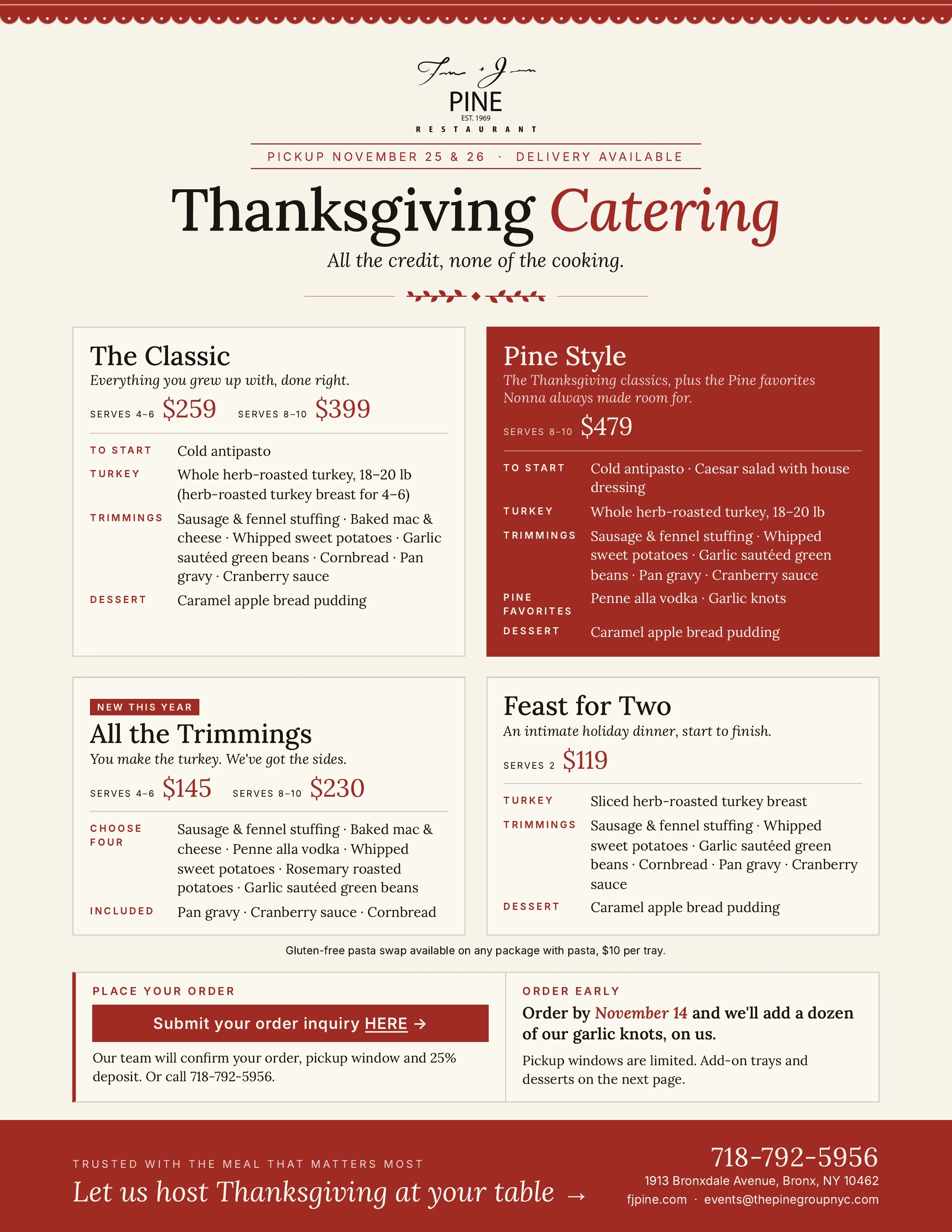 Thanksgiving catering menu flyer with holiday meal packages and ordering details