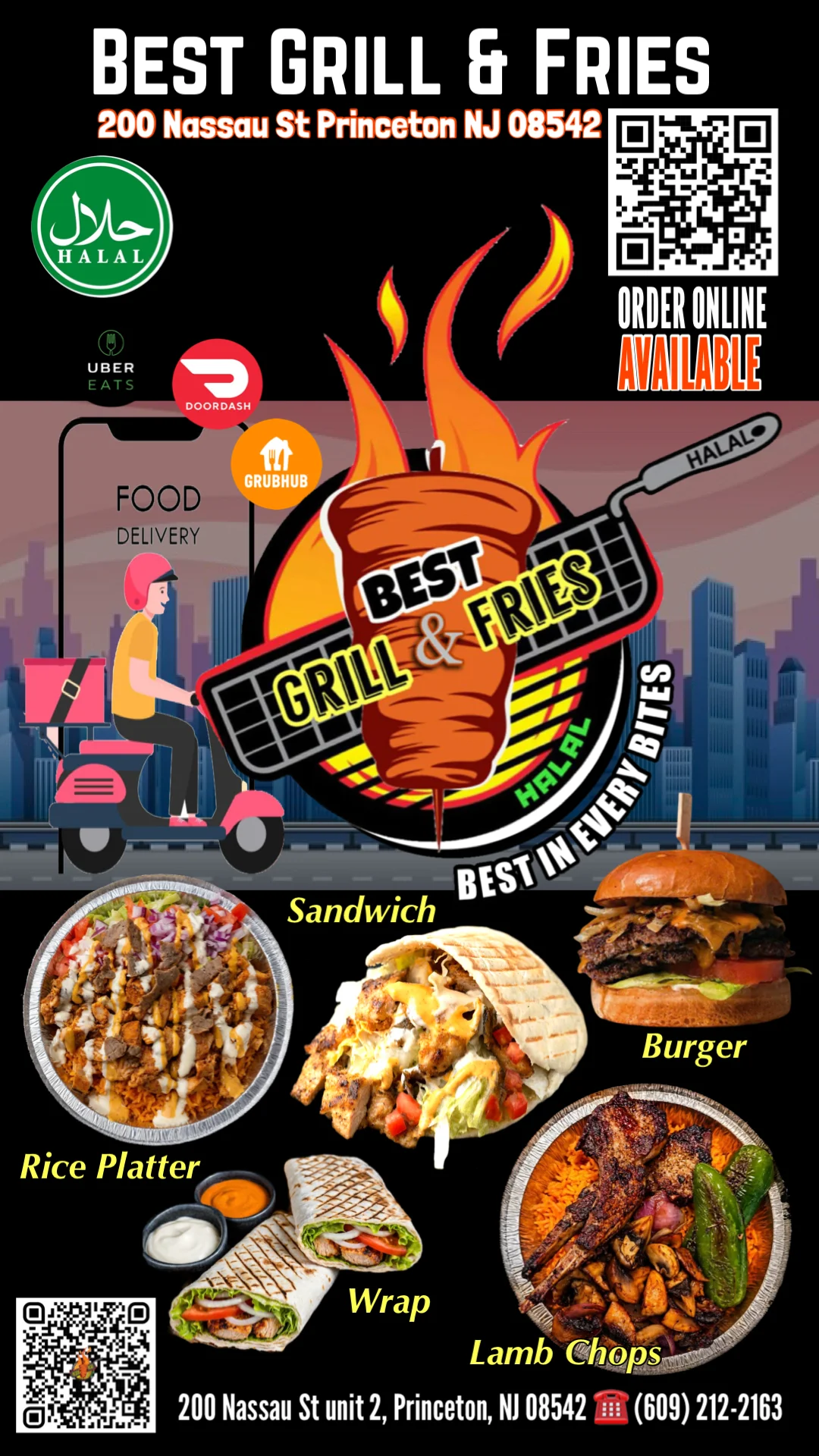 Halal restaurant flyer featuring rice platter, grilled wrap, burger, and lamb chops