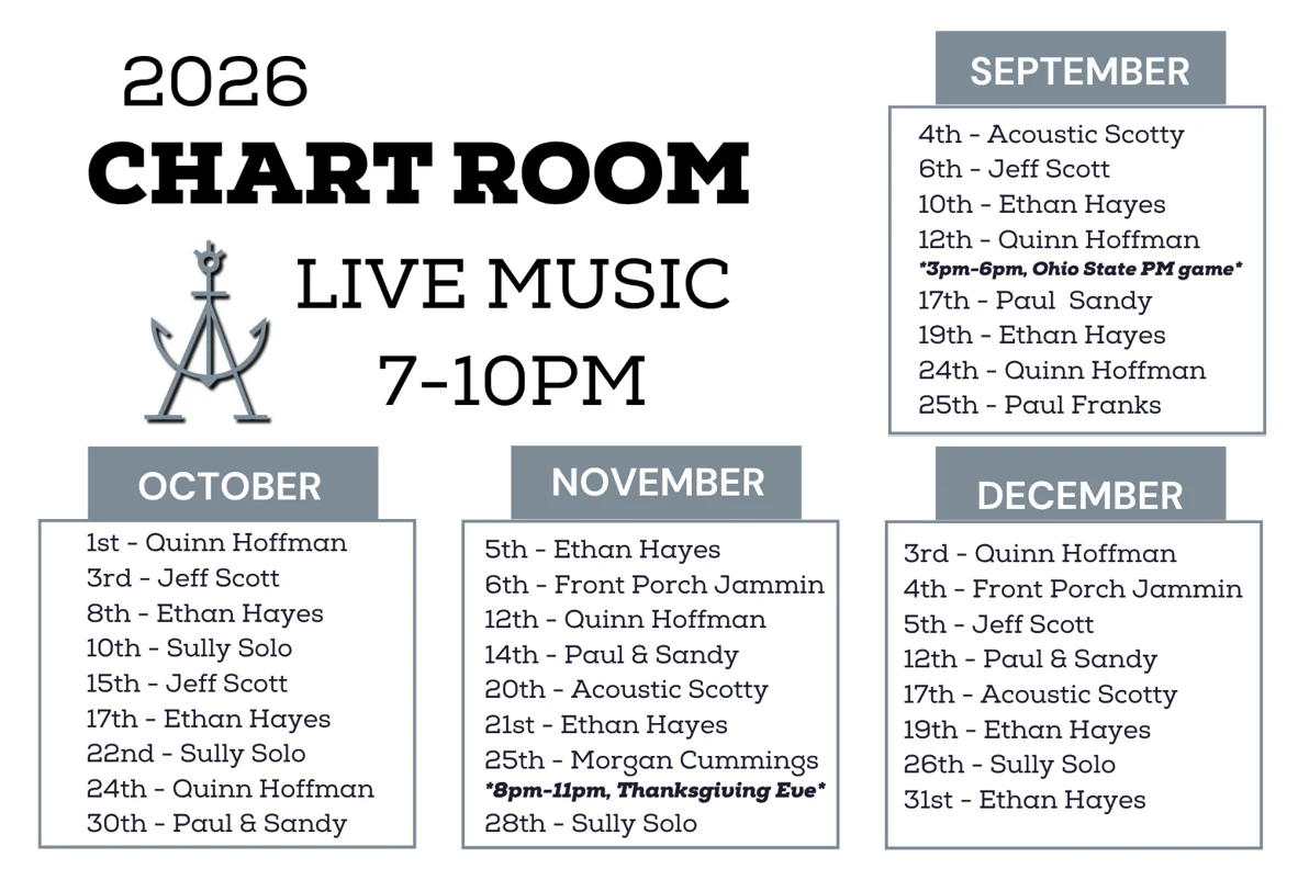Live music schedule for Chart Room restaurant from April to December