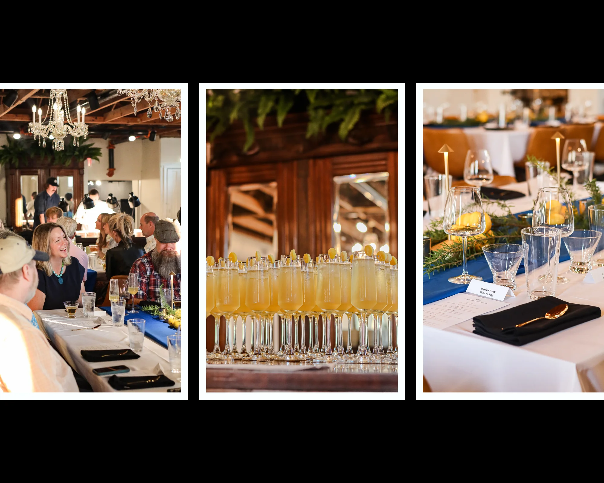 Elegant dining setup with cocktails and festive decor
