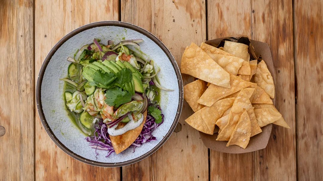 Ceviche tostada with fresh toppings