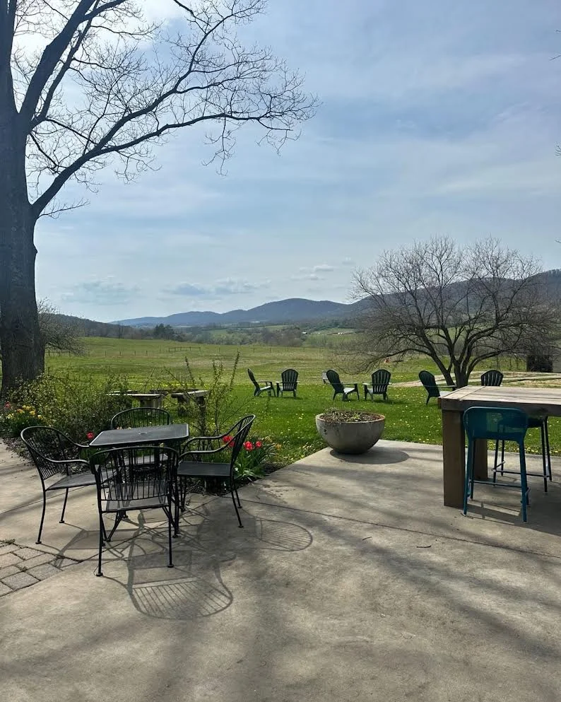 Outdoor dining area with scenic mountain views