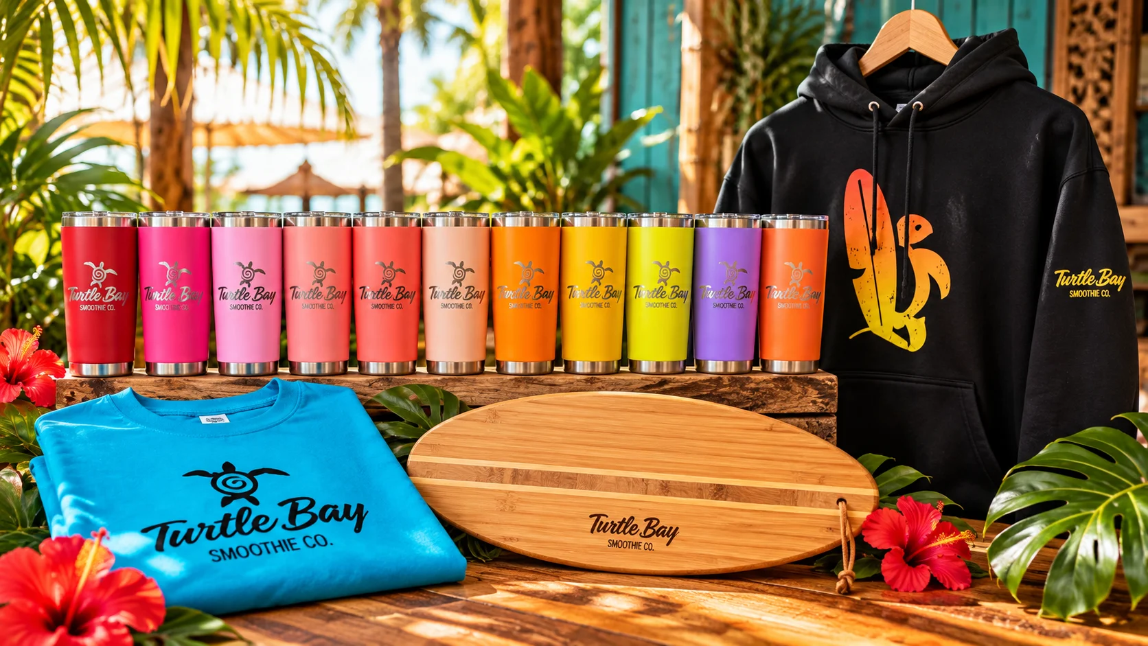 Merchandise display featuring branded apparel and accessories in a restaurant setting