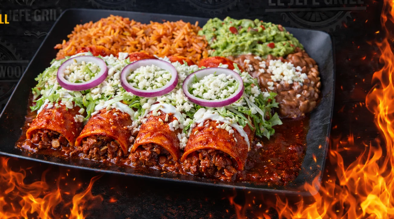 Delicious enchiladas rojas served with rice and guacamole