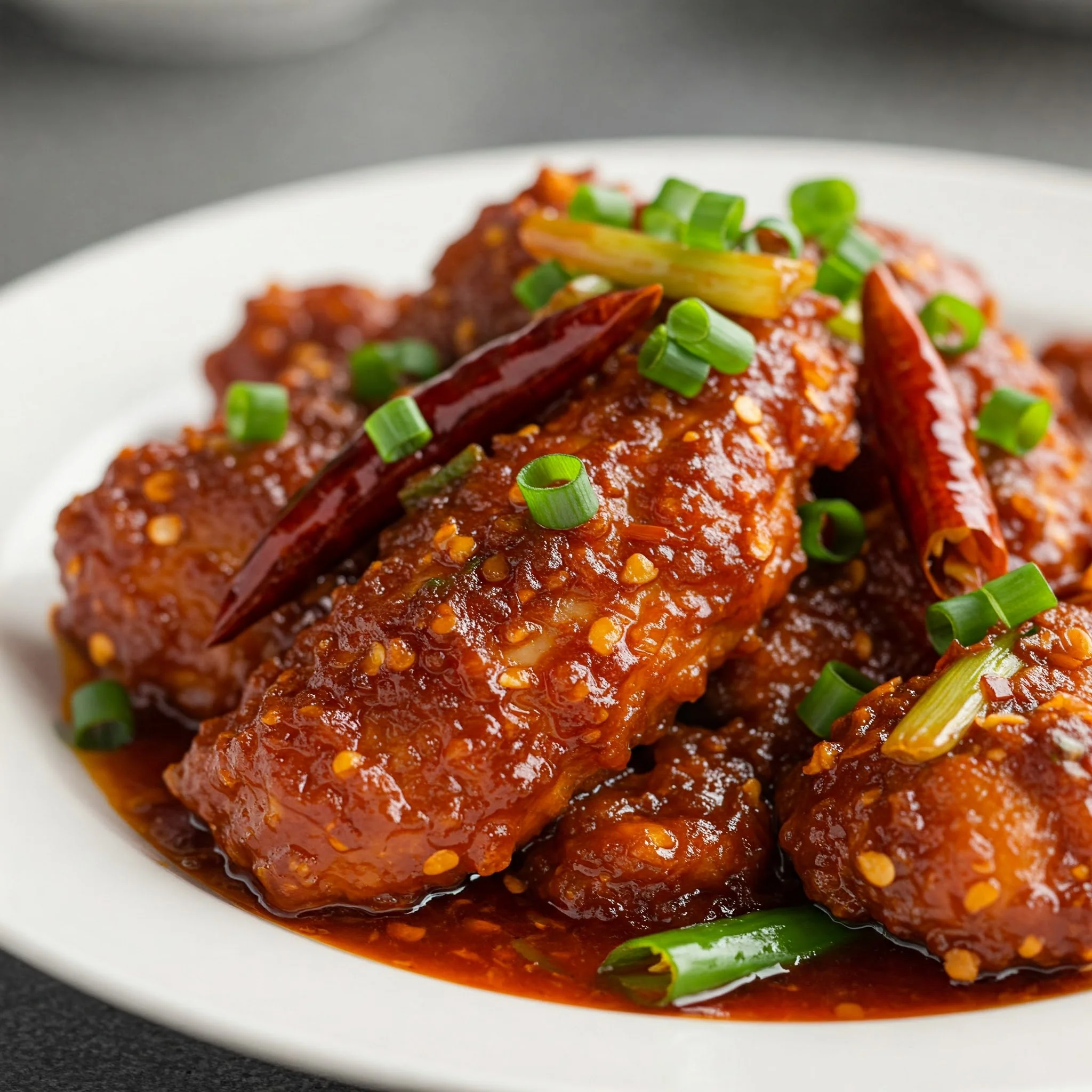Spicy Korean fried chicken with chili and green onions